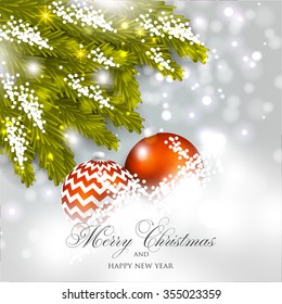 Christmas Glowing Lights. Merry Christmas and Happy New Year Card Xmas Decorations. Blur Silver Snowflakes. Vector.