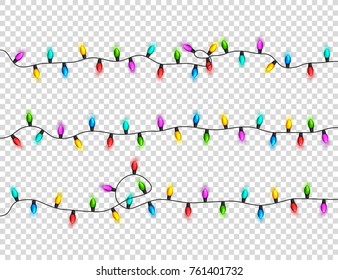 Christmas glowing lights on transparent background. Garlands with colored bulbs. Xmas holidays. Christmas greeting card design element. New year,winter.