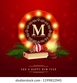 Christmas glowing sign template with a book and an old lantern