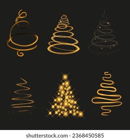 Christmas glowing spiral golden tree collection. Light trail christmas tree. Shiny stylish magical Christmas tree. Abstract decorative Christmas tree icons