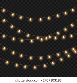 Guirnalda de luces de cuerda amarilla brillante de Navidades sobre fondo transparente. Ilustración vectorial