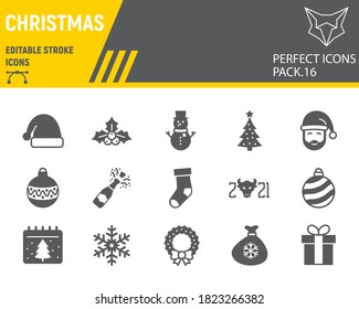 Christmas Glyph Icon Set, Happy New Year Collection, Vector Sketches, Logo Illustrations, Merry Christmas Icons, Holiday Signs Solid Pictograms, Editable Stroke