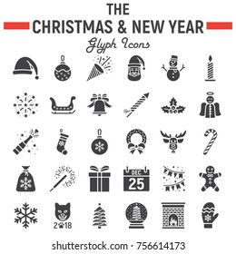 Christmas glyph icon set, new year symbols collection, vector sketches, logo illustrations, holiday signs solid pictograms package isolated on white background, eps 10.