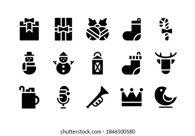 Christmas Glyph Icons Including Box, Gift, Jingles, Socks, Candy, Snowman, Snowman, Lamp, Socks, Deer, Mugs, Microphone, Trumpet, Crown, Bird