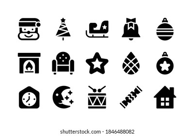 Christmas Glyph Icons Including Santaclaus, Tree, Sledge, Bell, Ornament, Fireplace, Chair, Star, Pinecone, Ornament, Clock, Moon, Drumstick, Cracker, House