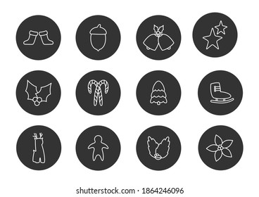Christmas glyph icons set. Silhouettes symbols of winter holidays sock, stars, christmas tree, bells. Button xmas logo, web signs, pictograms package. Templates isolated on white vector illustration