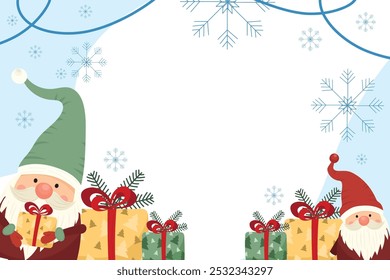 Christmas Gnome Background Illustration with snowflakes and wrapped presents. Cute Christmas holiday symbols in vector flat style. For Christmas invitations, cards, banners.