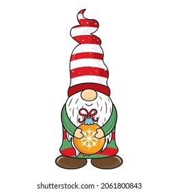 Christmas gnome with a Christmas ball in his hands. Cute cartoon gnome isolated on white background. Christmas gnome in hat. Vector illustration for a postcard.