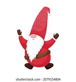 A Christmas gnome with a beard in a red cap and mittens jumps up. New Year's cute cartoon character isolated on a white background