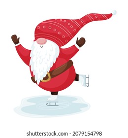 A Christmas gnome with a beard in a red hat is skating on a skating rink. New Year's cute cartoon character isolated on a white background