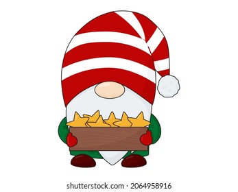 Christmas gnome with box of stars. Christmas character for postcards. Scandinavian gnome.