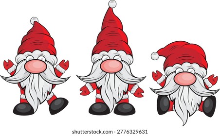 Christmas Gnome Bundle Red Hat 3 Poses Holiday Clipart Vector