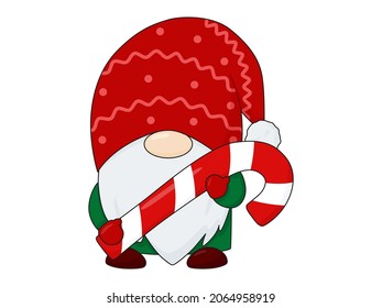 Christmas gnome with candy. Christmas character for postcards. Scandinavian gnome.
