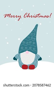 Christmas gnome card. Little new year gnome poster. Cute cartoon scandinavian character. Stock vector illustration isolated on white background.