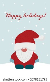 Christmas gnome card. Santa gnome poster. Cute new year cartoon scandinavian character. Stock vector illustration isolated on white background.