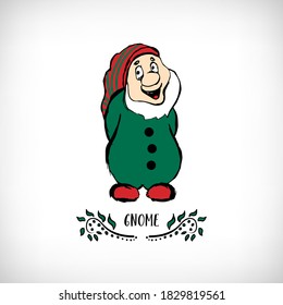 Christmas gnome cartoon, doodle colored character isolated on white background. Lettering Gnome. Vector illustration of cute garden gnome.