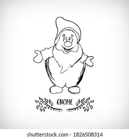 Christmas gnome cartoons, doodle black silhouette isolated on white background. Lettering Gnome. Vector illustration of cute garden gnome.