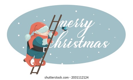 The Christmas gnome climbs the stairs to pick up the bird. A cute festive character in a cartoon style. Vector graphics