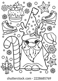 
Christmas gnome with decorations. Coloring book for children. Gnome coloring book. Black and white vector illustration.