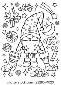 Christmas gnome with decorations. Christmas and New Year. Coloring book for children. Black and white vector illustration.