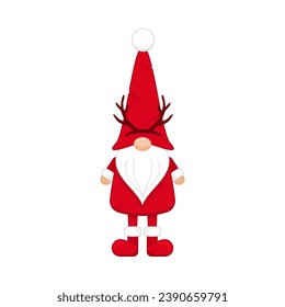 Christmas gnome with deer antlers with festive red boots. New years character in long hat covering his eyes with white beard as celebration scandinavian symbol of wealth and prosperity