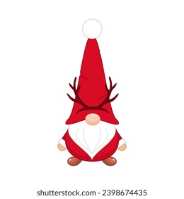 Christmas gnome with deer antlers. New years character in long red hat covering his eyes with white beard as festive scandinavian symbol of wealth and prosperity