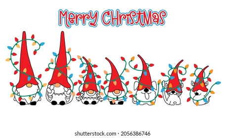 Christmas gnome family set with Christmas Lights. Scandinavian Nordic Gnomes isolated on white background. Lettering Merry  Christmas. Cute Gnomes collection.