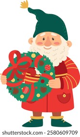 Christmas gnome featuring a long white beard, dressed in a red coat and green hat, joyfully holding a festive wreath adorned with a red ribbon, colorful balls, pine cones, and a gift box