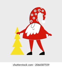 Christmas Gnome with fir tree or Cute Dwarf with red cap in simple scandinavian nordic style. Winter Noel or holiday Elf flat vector cartoon illustration for Christmas greeting card with Santa Claus