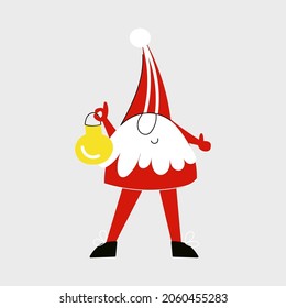 Christmas Gnome with flashlight lamp or Cute Dwarf with red cap in simple scandinavian nordic style. Winter Noel or holiday Elf flat vector cartoon illustration for Christmas greeting card with Santa