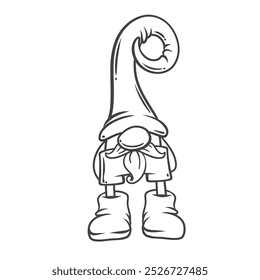 Christmas gnome with funny curl hat and and boots line icon. Outline hand drawn fairy tale character with beard, dwarf . Winter season, holiday mascot, Nordic cute gnome icon vector illustration