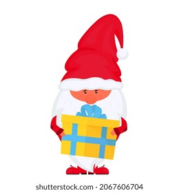 Christmas gnome with gift box. Vector for New Year holidays
