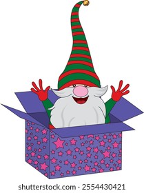 Christmas gnome in gift box vector Xmas surprise illustration