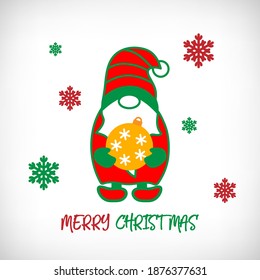 Christmas Gnome with gift on white background, Scandinavian Nordic Gnome, Cute Christmas Santa Gnomes collection. Greeting card, winter holidays banner, print, t shirt design. Vector illustration.