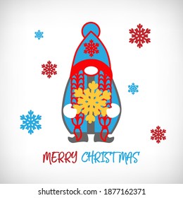 Christmas Gnome with gift on white background, Scandinavian Nordic Gnome, Cute Christmas Santa Gnomes collection. Greeting card, winter holidays banner, print, t shirt design. Vector illustration.