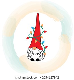 Christmas gnome girl with Christmas Lights. Scandinavian Nordic Gnome isolated on white background. Cute Gnomes collection. Greeting card, winter holidays banner, print, t shirt design.