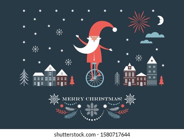 Christmas Gnome is going by on unicycle, Christmas illustration, Greeting card 