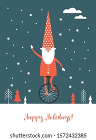 Christmas Gnome is going by unicycles, Christmas illustration, Greeting card, gift card, poster, postcard design