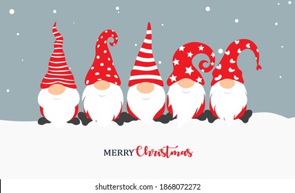 Christmas gnome. Greeting Christmas card with holiday isolated characters on snow background. Cute scandinavian gnomes in santa hats in cartoon style. Vector illustration