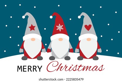 Christmas gnome. Greeting Christmas card with holiday isolated characters on snow background. Cute scandinavian gnomes in santa hats in cartoon style. Vector illustration