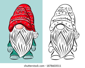 Christmas gnome hand drawn vector illustration isolated on white and blue background. Scandinavian traditional gnome sihouette. Christmas decoration design.