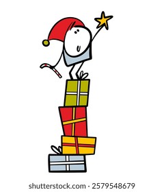 Christmas gnome has climbed a mountain of gifts and is attaching a star. Vector illustration of  elf holding a lollipop and standing on boxes with ribbons.Isolated funny character on white background.