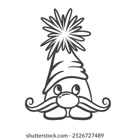 Christmas gnome in high hat with pompom line icon. Outline hand drawn dwarf with moustache, cute winter fantasy character. Merry Christmas, gift mascot, funny Xmas gnome icon vector illustration