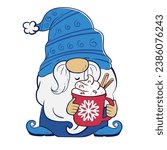 Christmas gnome holding a cup of hot chocolate with marshmallow whipped cream and cinnamon. Vector illustration of cartoon dwarf character.