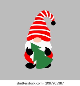 Christmas Gnome holding eve tree vector illustration. Winter elf cute gnome red and green.