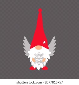 Christmas Gnome holding snowflake isolated on transparent background. Cute angel gnome. Vector illustration