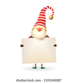 Christmas Gnome holds board - white stripes on red hat