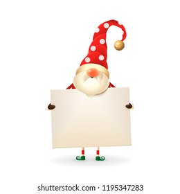 Christmas Gnome holds board - white dots on red hat