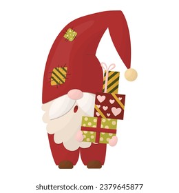 A Christmas gnome holds gifts. Vector illustration on a white background.