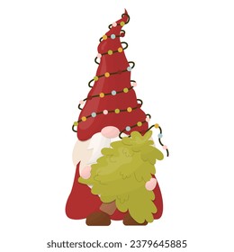 A Christmas gnome holds a Christmas tree. Vector illustration on a white background.